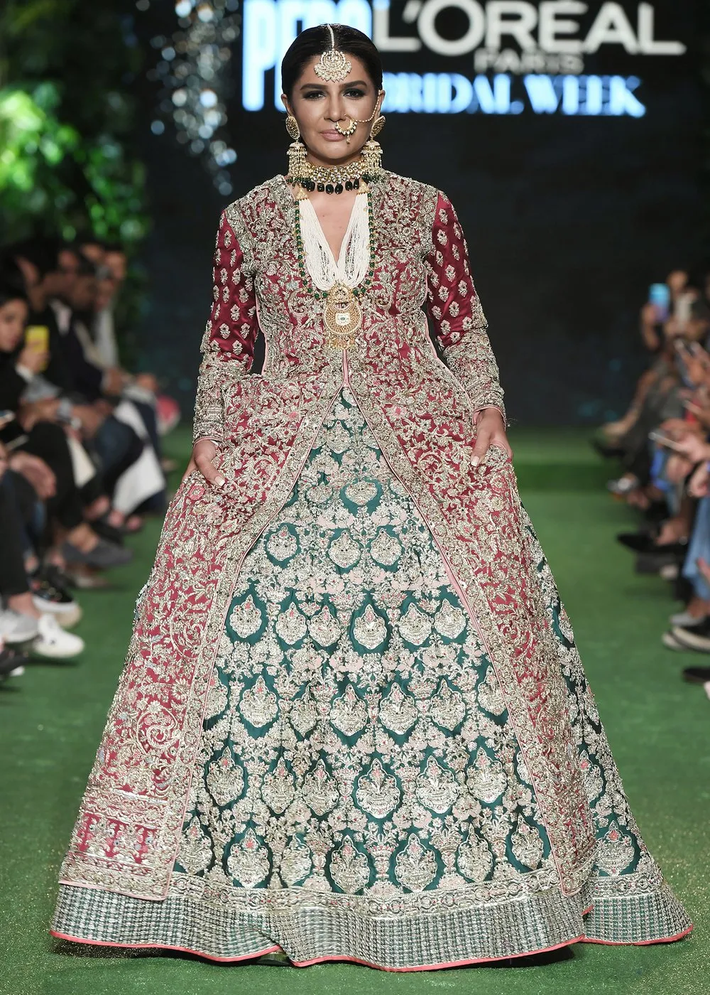 Indian wedding outfit in red and green color for wedding wear # B3416