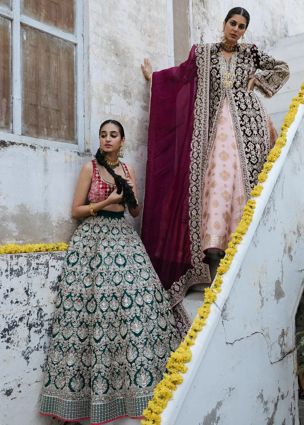 Indian wedding outfit in red and green color for wedding wear # B3416