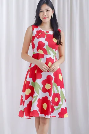 Jennett Oriental Pearl Buttons Floral Dress In Red