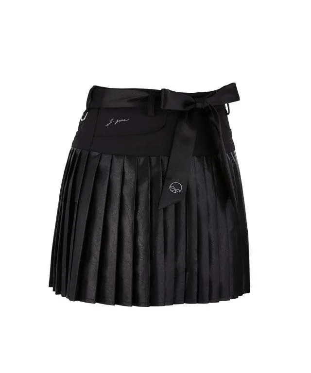 J.Jane Satin Belt Leather Skirt (Black)