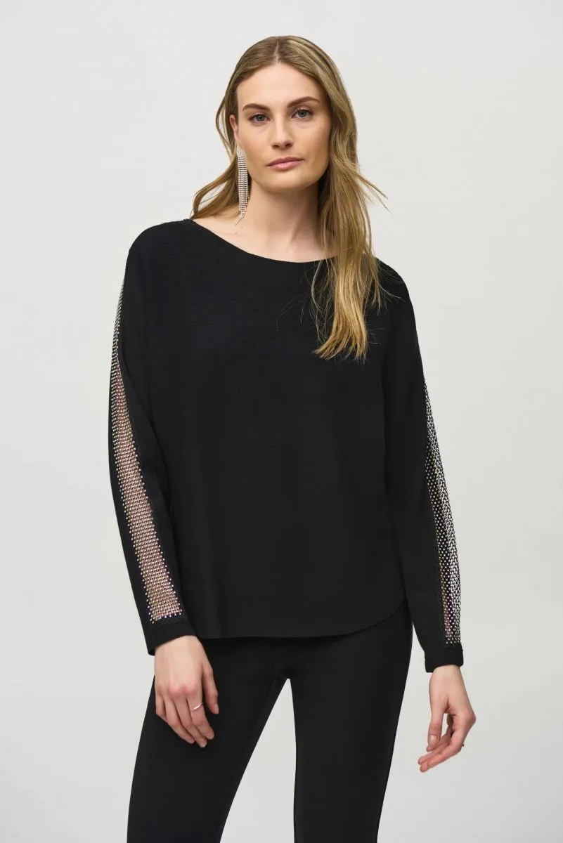 Joseph Ribkoff Rhinestone Mesh Insert Pullover Sweater Top 244910