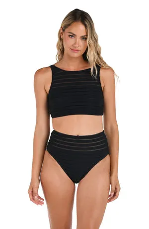 La Blanca Fluid Lines High-Neck Midline Top w/ Mesh