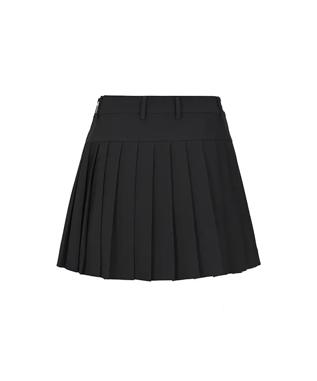 LENUCU Logo Banding Pleated Skirt - Black