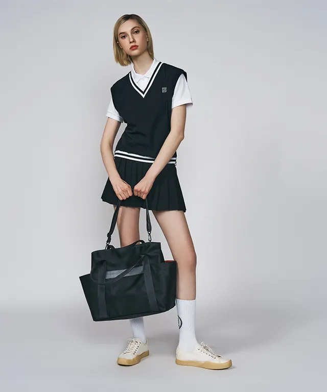 LENUCU Logo Banding Pleated Skirt - Black