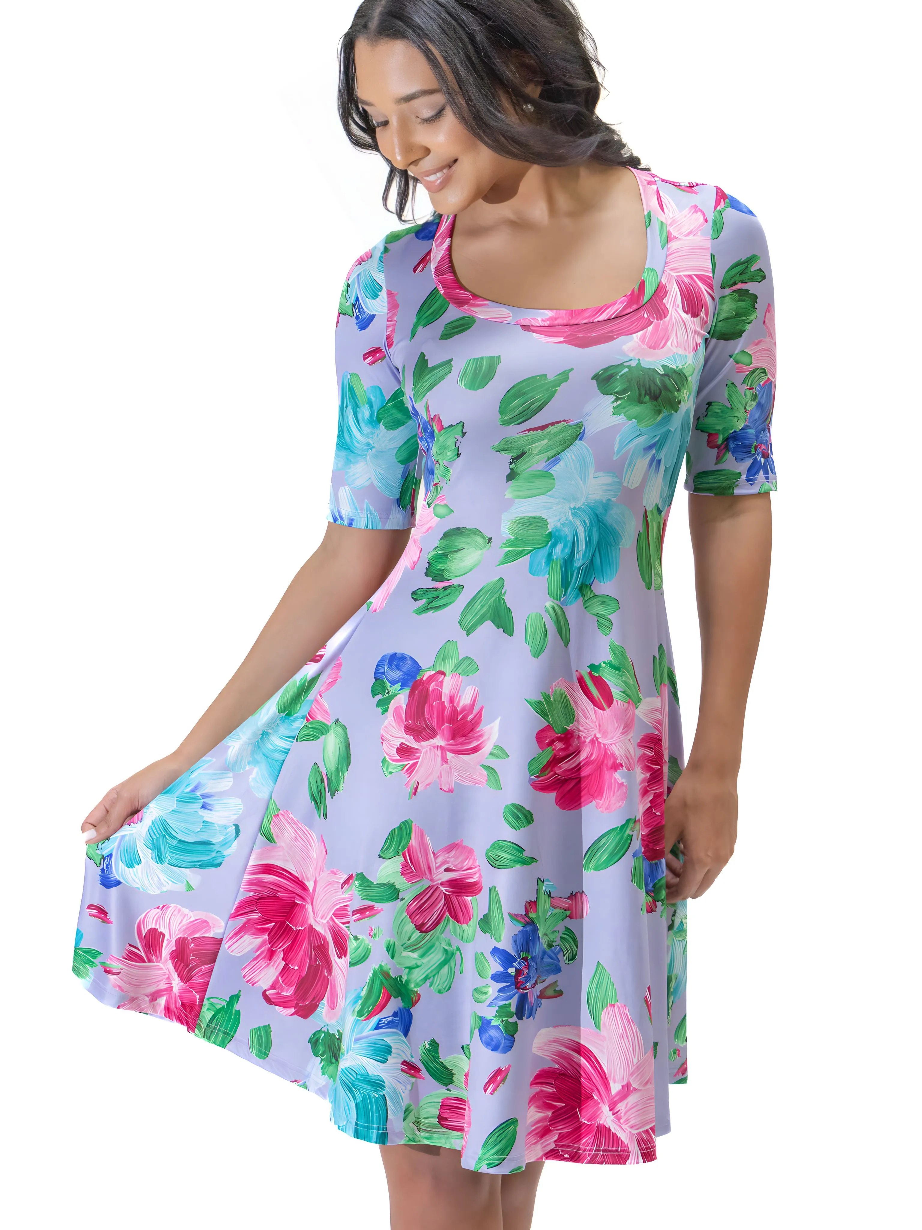 Lilac Floral Print Elbow Sleeve Womens T Shirt Swing Dress