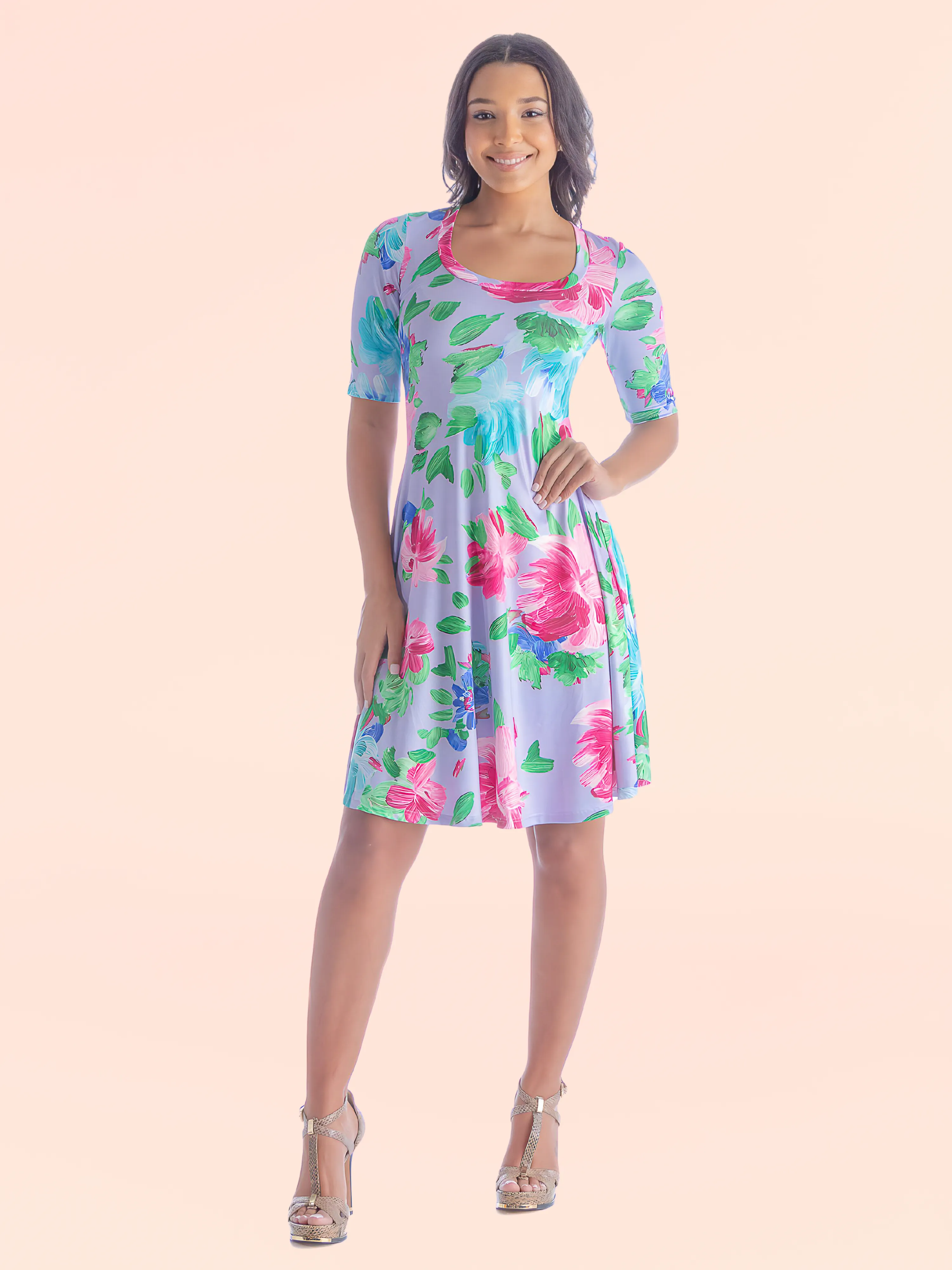 Lilac Floral Print Elbow Sleeve Womens T Shirt Swing Dress