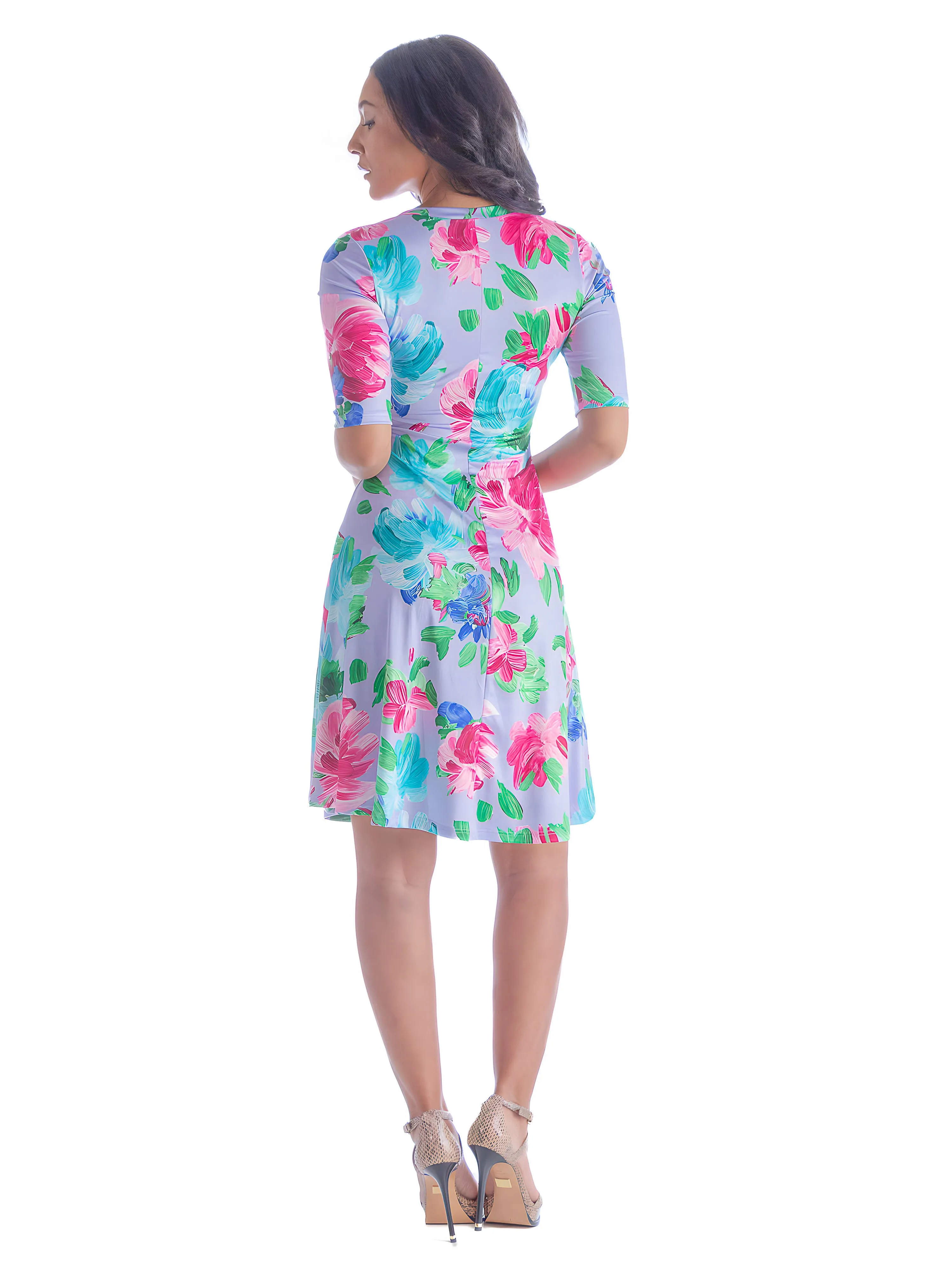 Lilac Floral Print Elbow Sleeve Womens T Shirt Swing Dress