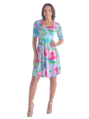 Lilac Floral Print Elbow Sleeve Womens T Shirt Swing Dress