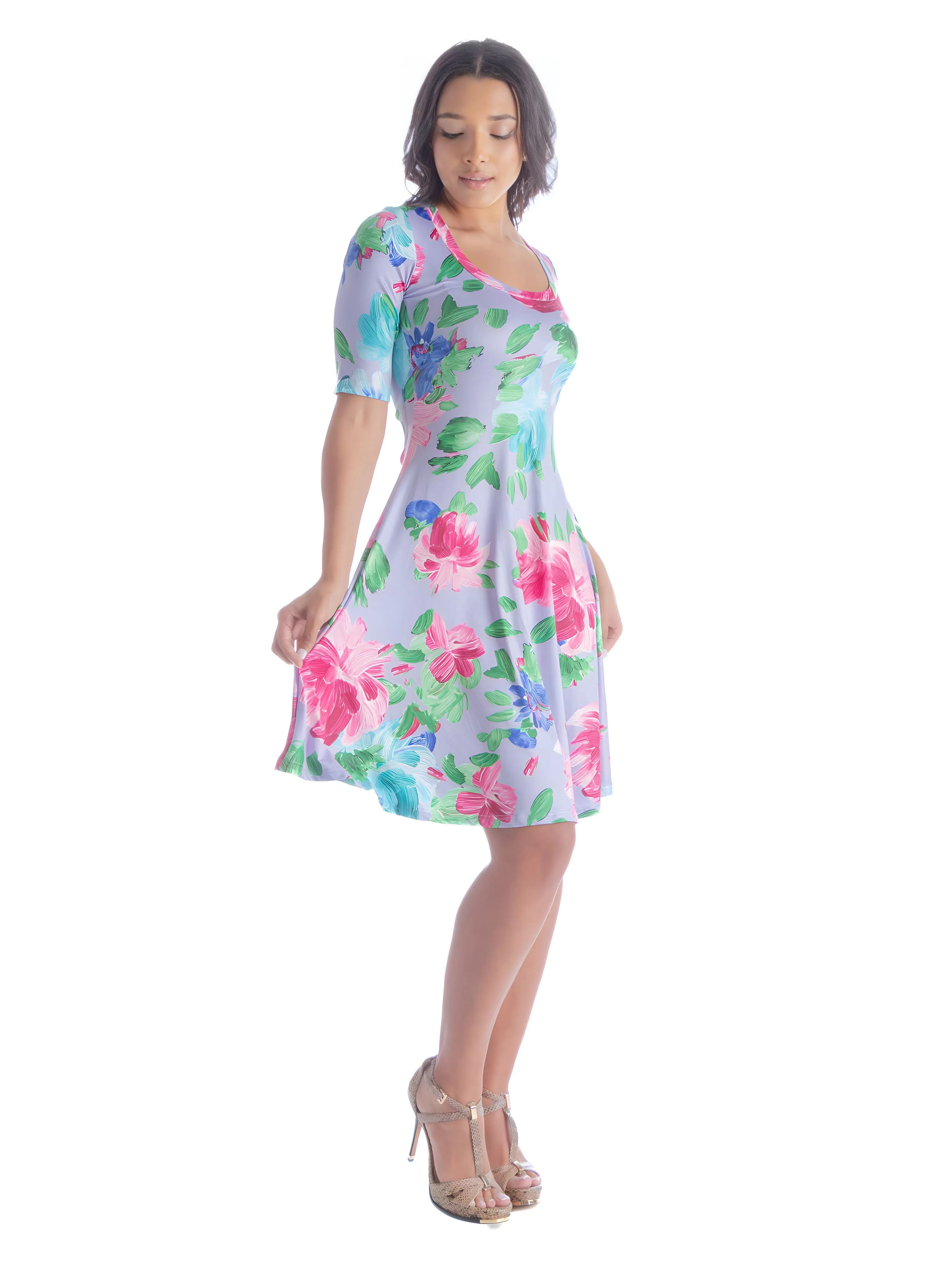 Lilac Floral Print Elbow Sleeve Womens T Shirt Swing Dress