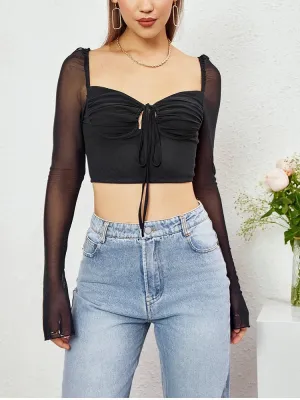 Mesh Long Sleeve Cut-out Tie Up Top