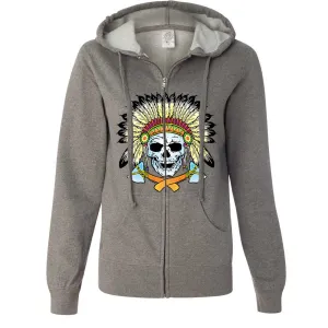 Native American Indian Skeleton Tomahawk Chief Ladies Zip-Up Hoodie