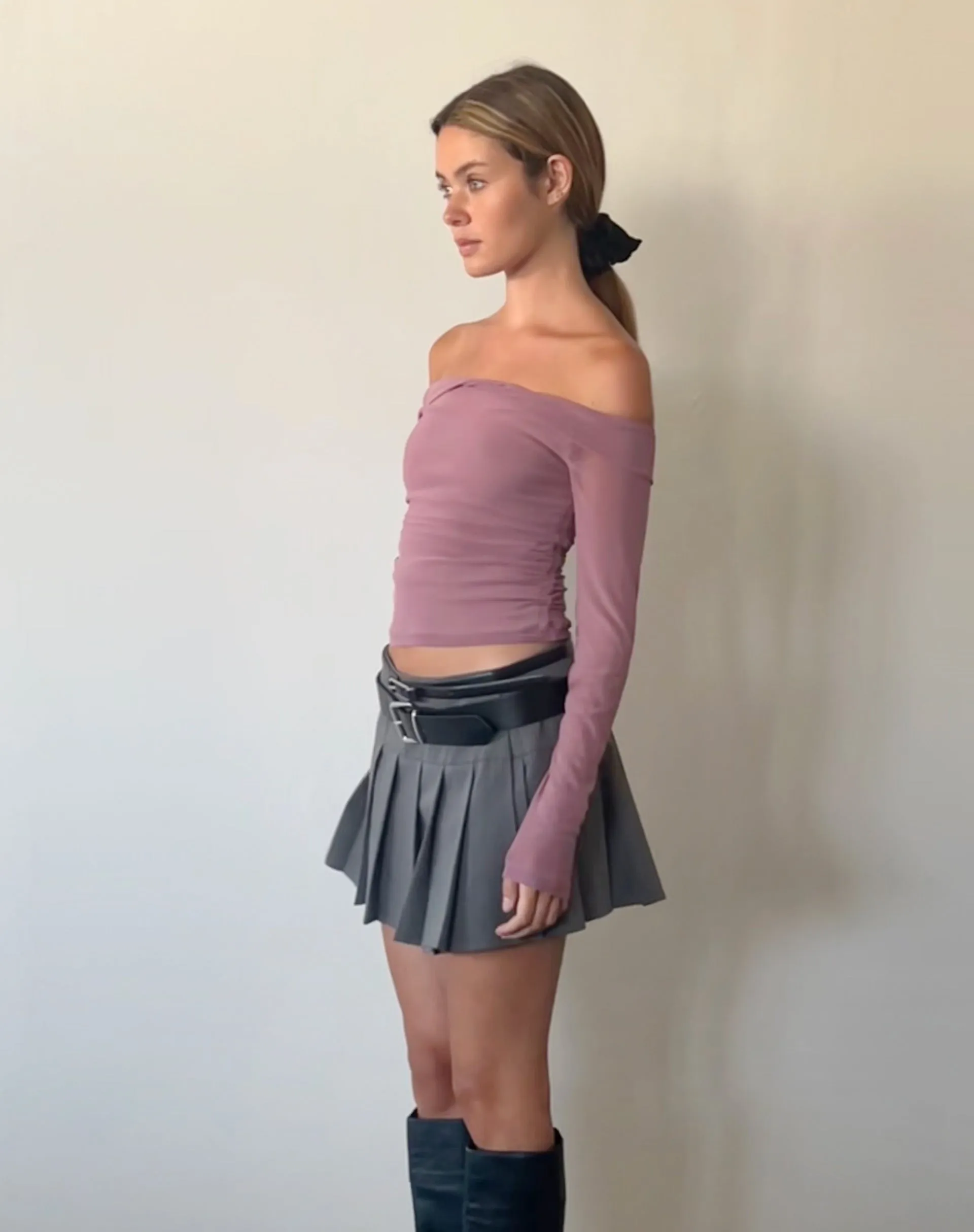 Nauri Long Sleeve Bardot Top in Wisteria Purple