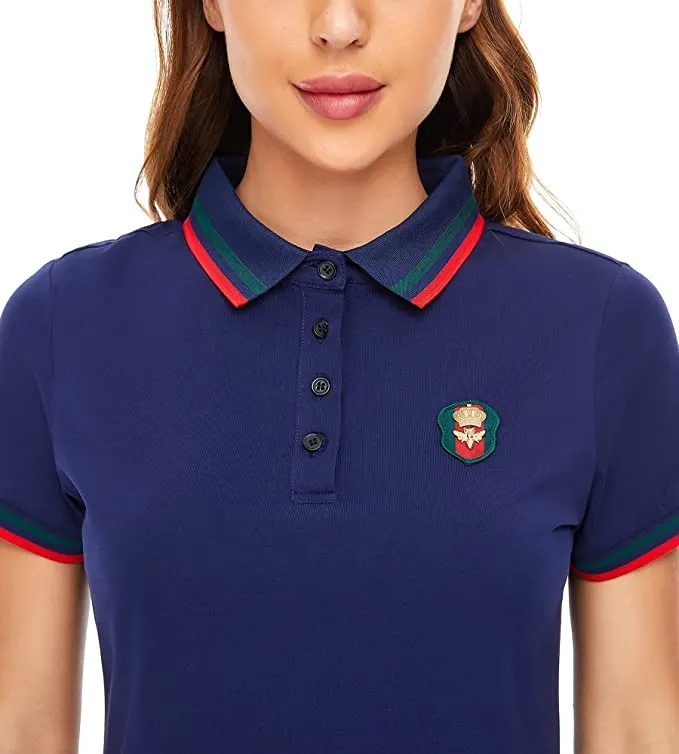 New YXLUOKY Women's Casual Polo Dress Embroidered Badge Bee & Crown Stretch Cotton, Navy! Sz 3X on Tag, Fits Like XL/1X!
