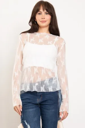 Off White Embroidered Long Sleeve Mesh Blue Velvet Top 2/14/25 9632