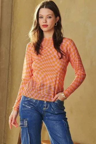 Orange Pink Checker Mesh Sheer