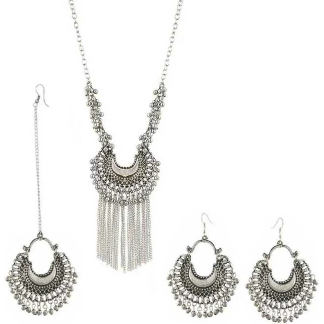 Oxidised Silver Hanging Jhumki Mang Tikka & Necklace