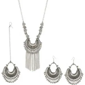 Oxidised Silver Hanging Jhumki Mang Tikka & Necklace