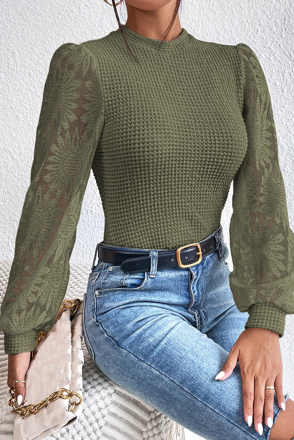 Pickle Green Sunflower Mesh Long Sleeve Waffle Knit Top