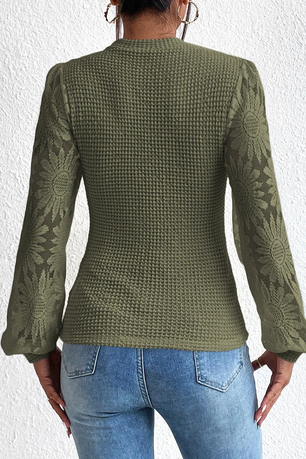 Pickle Green Sunflower Mesh Long Sleeve Waffle Knit Top