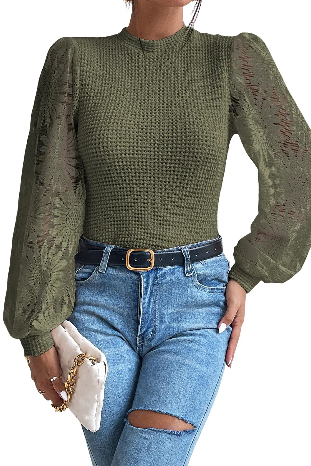 Pickle Green Sunflower Mesh Long Sleeve Waffle Knit Top