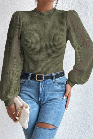 Pickle Green Sunflower Mesh Long Sleeve Waffle Knit Top