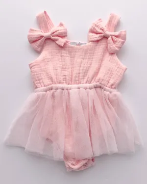 PREORDER! Dawsyn Bow Front Tulle Bubble Romper - Strawberry Ice
