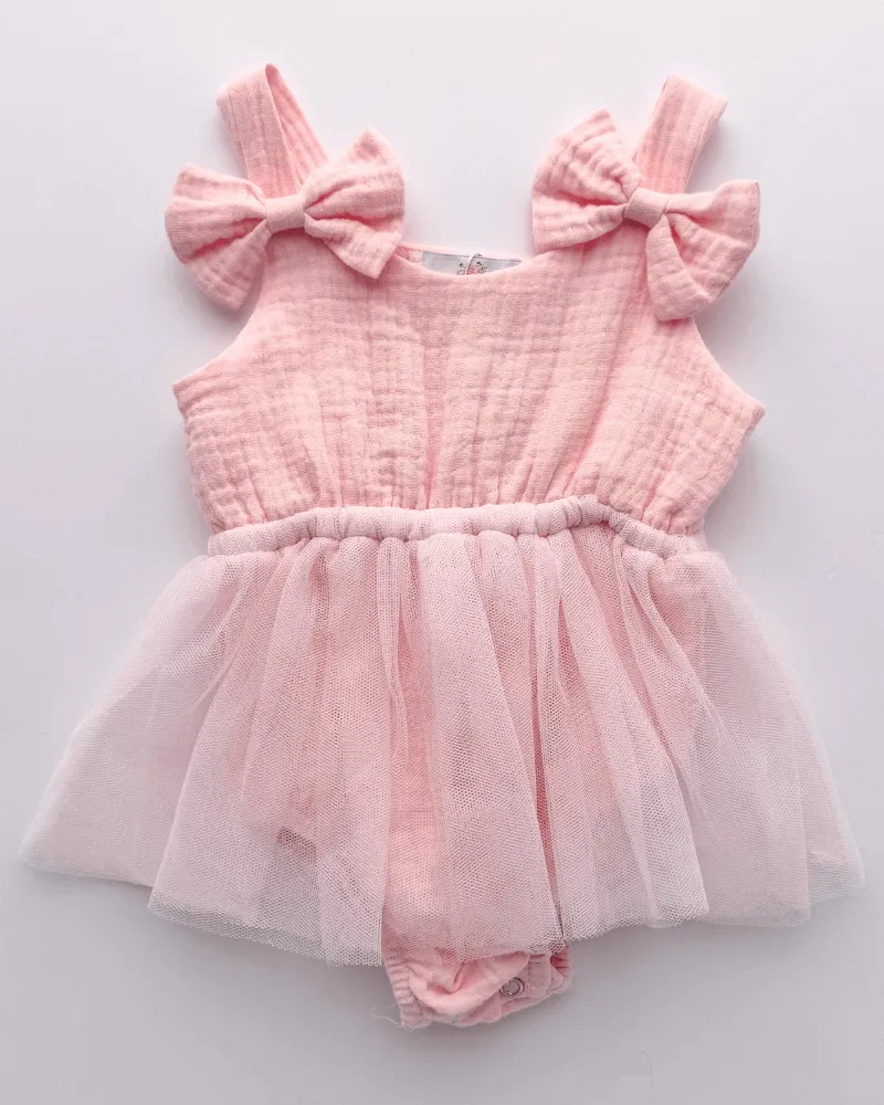 PREORDER! Dawsyn Bow Front Tulle Bubble Romper - Strawberry Ice