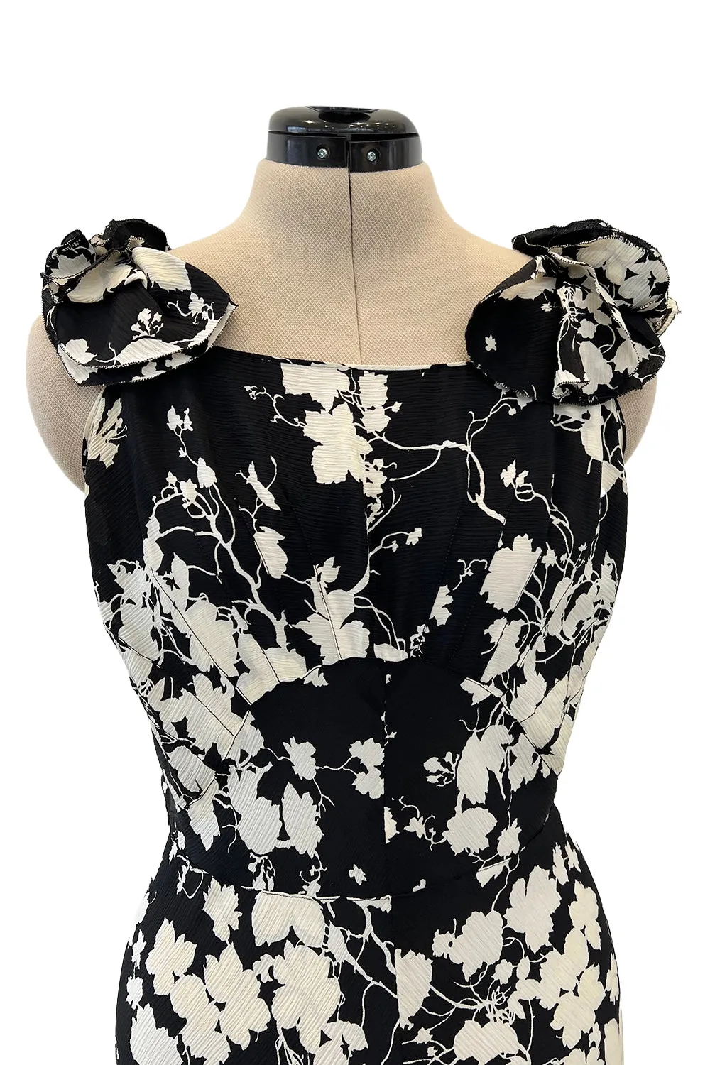 Prettiest 1930s Black & White Floral Print Bias Cut Silk Elaborate Ruffle Shoulder Dress