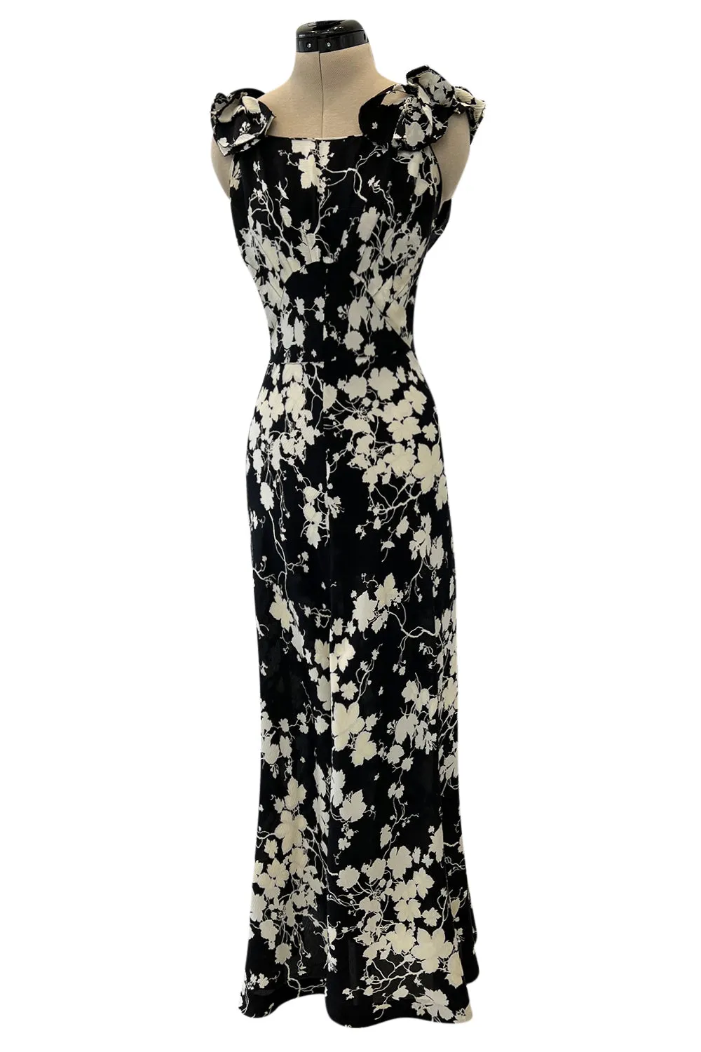 Prettiest 1930s Black & White Floral Print Bias Cut Silk Elaborate Ruffle Shoulder Dress
