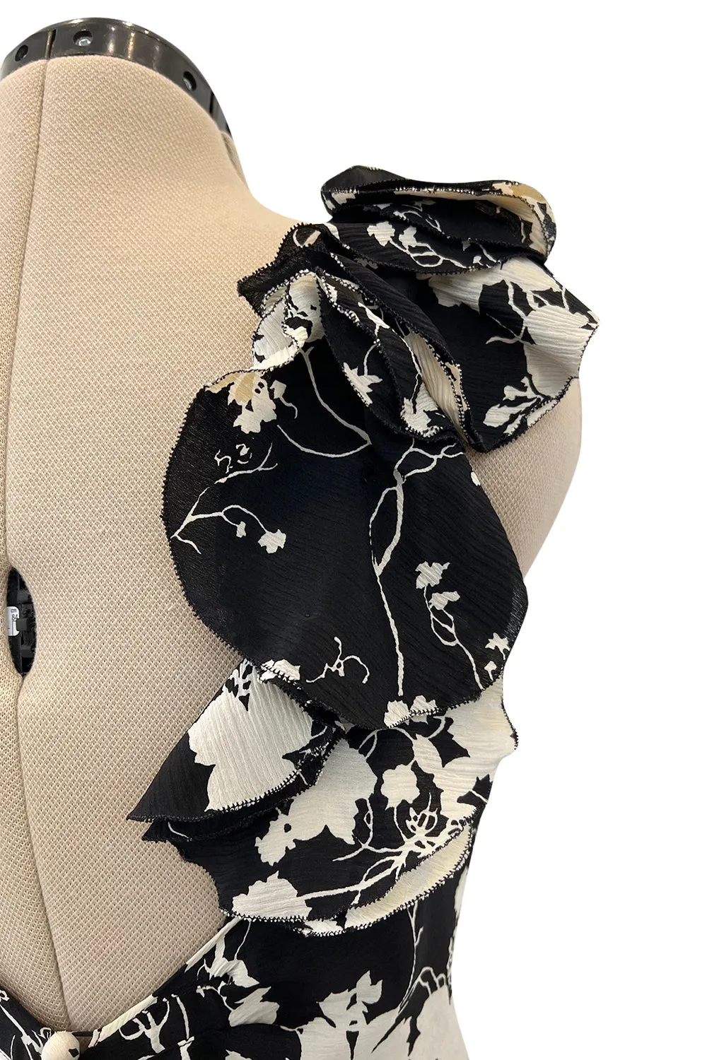 Prettiest 1930s Black & White Floral Print Bias Cut Silk Elaborate Ruffle Shoulder Dress