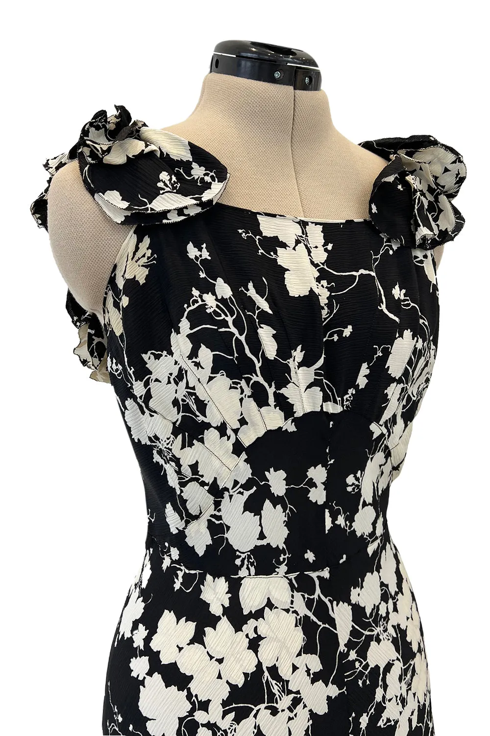 Prettiest 1930s Black & White Floral Print Bias Cut Silk Elaborate Ruffle Shoulder Dress