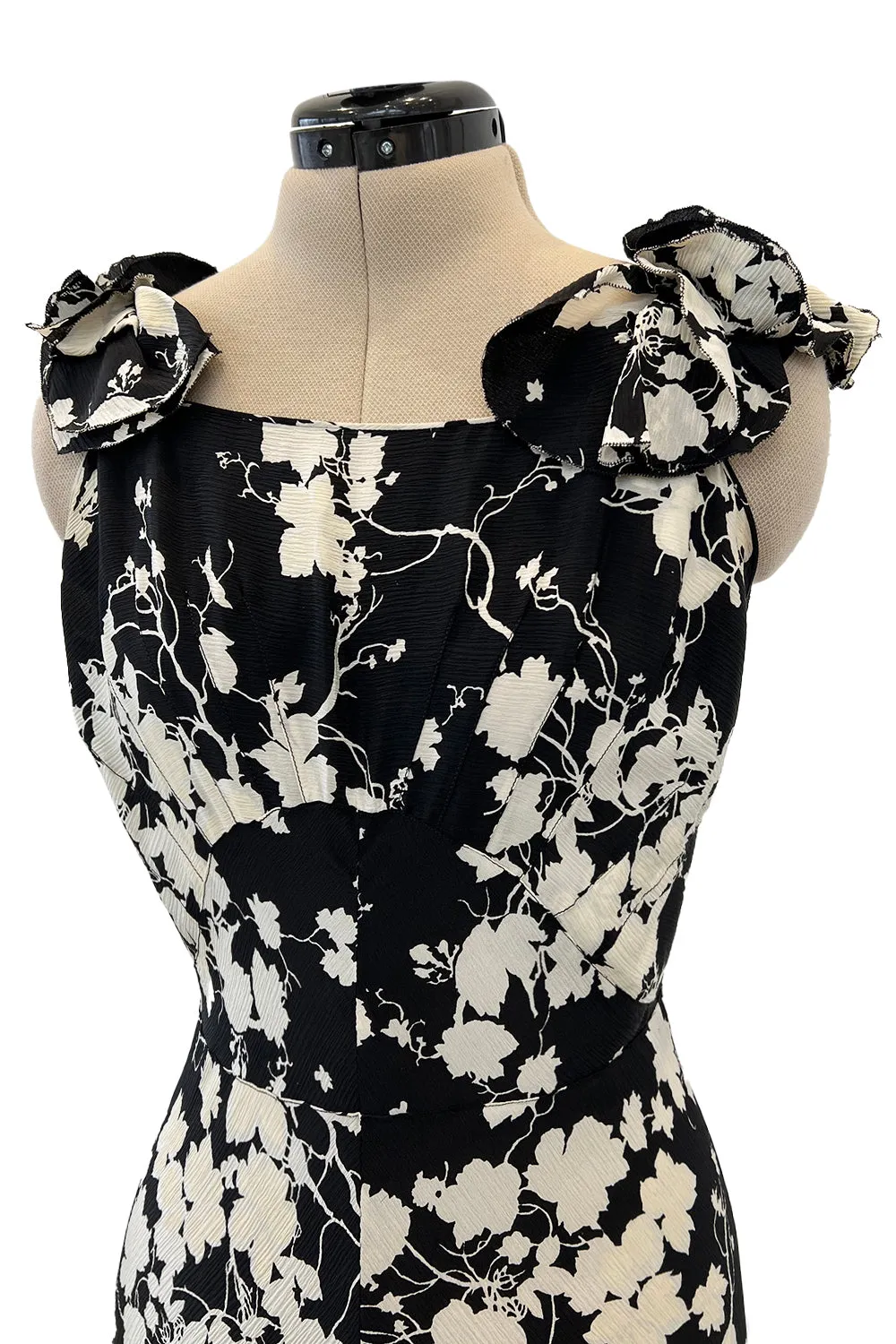 Prettiest 1930s Black & White Floral Print Bias Cut Silk Elaborate Ruffle Shoulder Dress