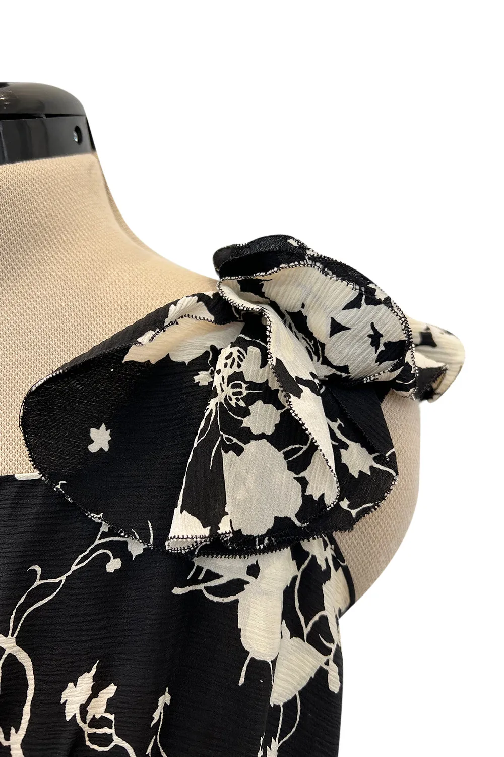 Prettiest 1930s Black & White Floral Print Bias Cut Silk Elaborate Ruffle Shoulder Dress