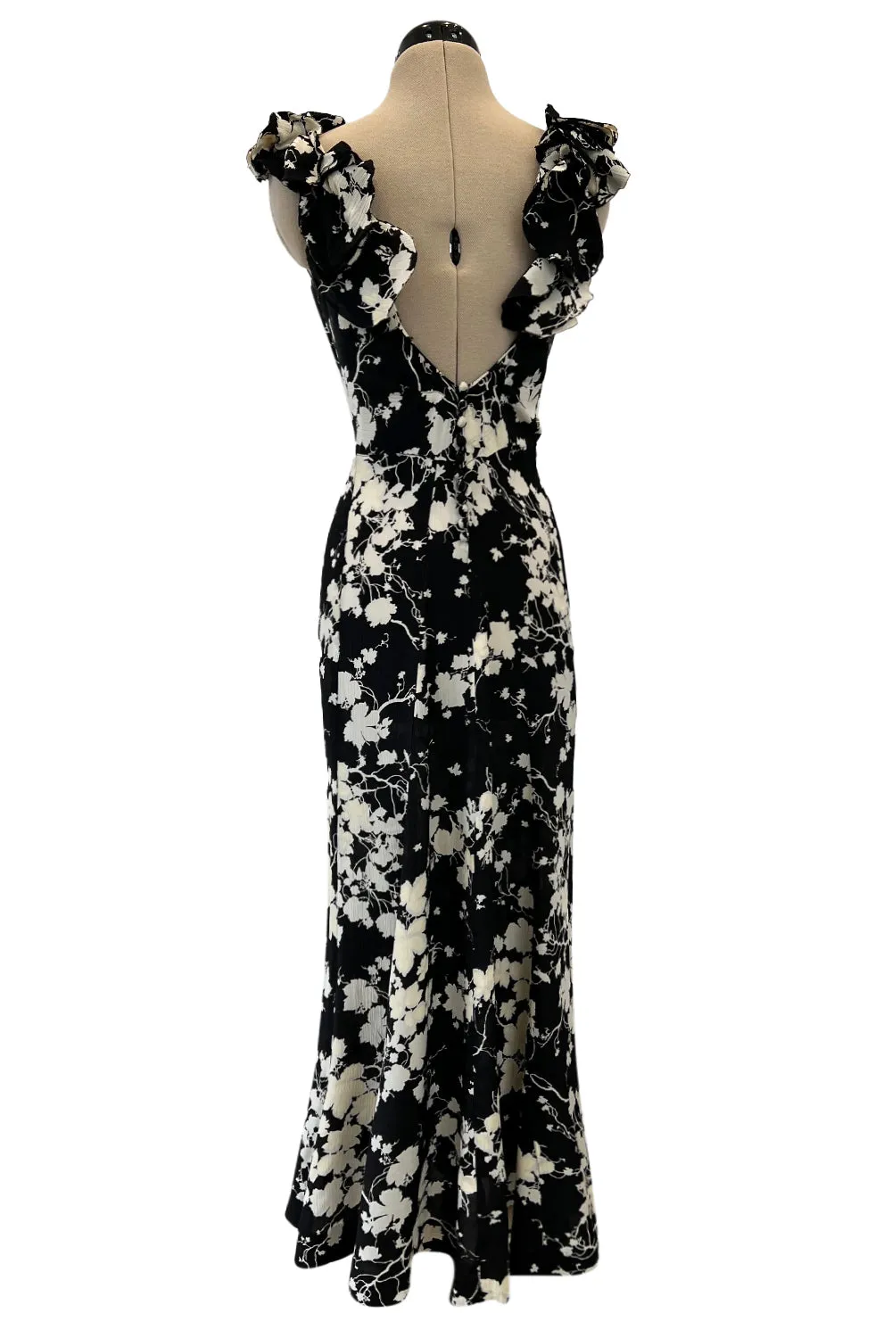 Prettiest 1930s Black & White Floral Print Bias Cut Silk Elaborate Ruffle Shoulder Dress