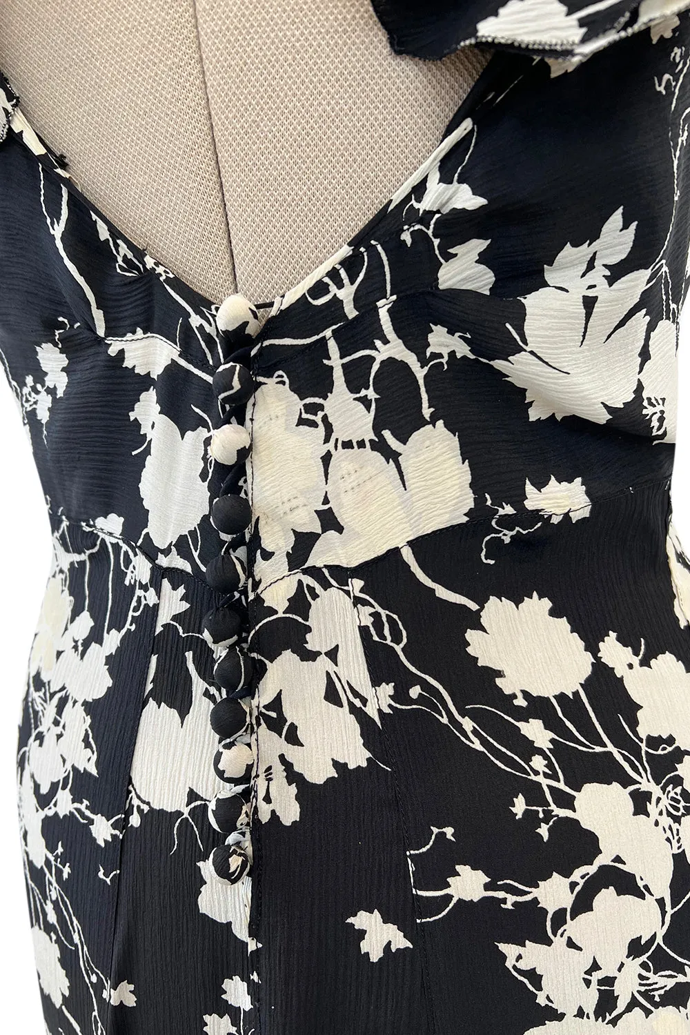 Prettiest 1930s Black & White Floral Print Bias Cut Silk Elaborate Ruffle Shoulder Dress