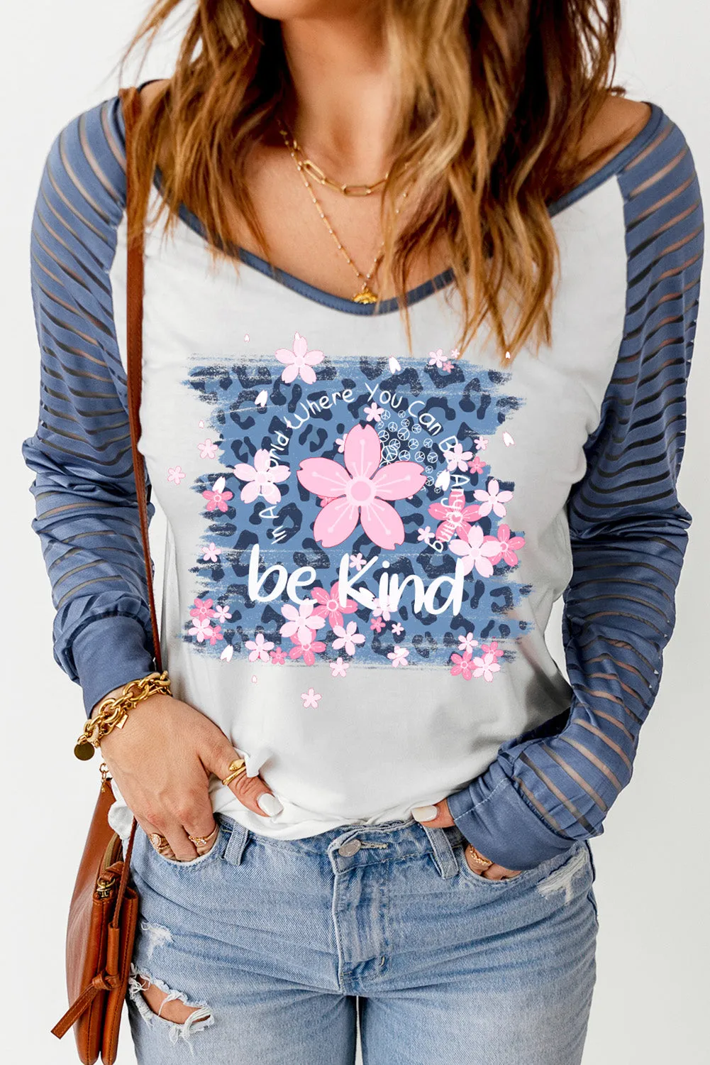 Print Patchwork Mesh Long Sleeve Top