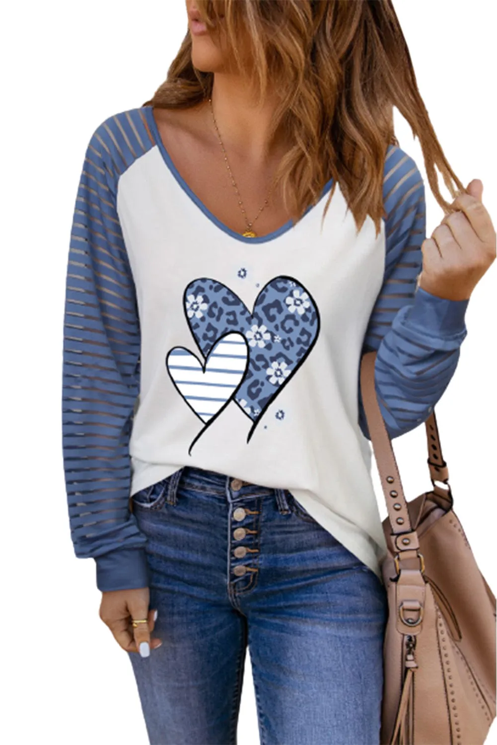 Print Patchwork Mesh Long Sleeve Top