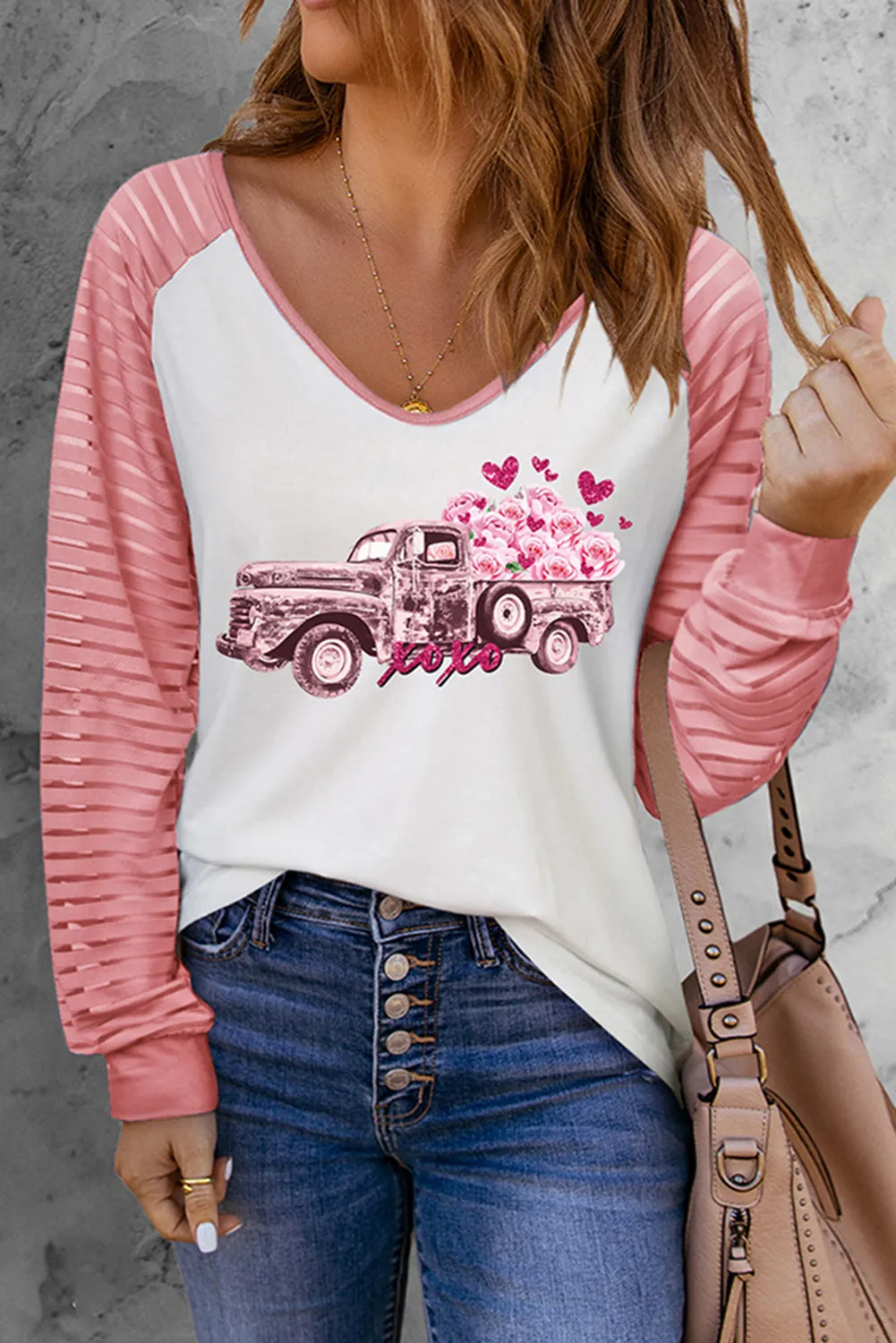 Print Patchwork Mesh Long Sleeve Top