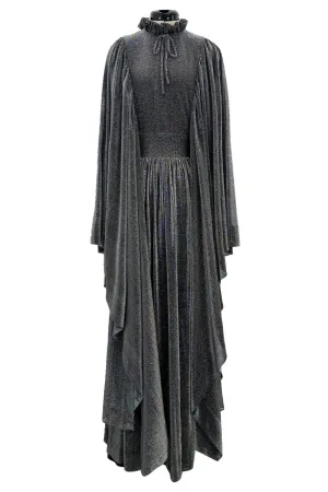 Spectacular 1970s Gina Fratini Metallic Deep Silver Lame Dress w Ruffle Collar &  Angel Sleeves