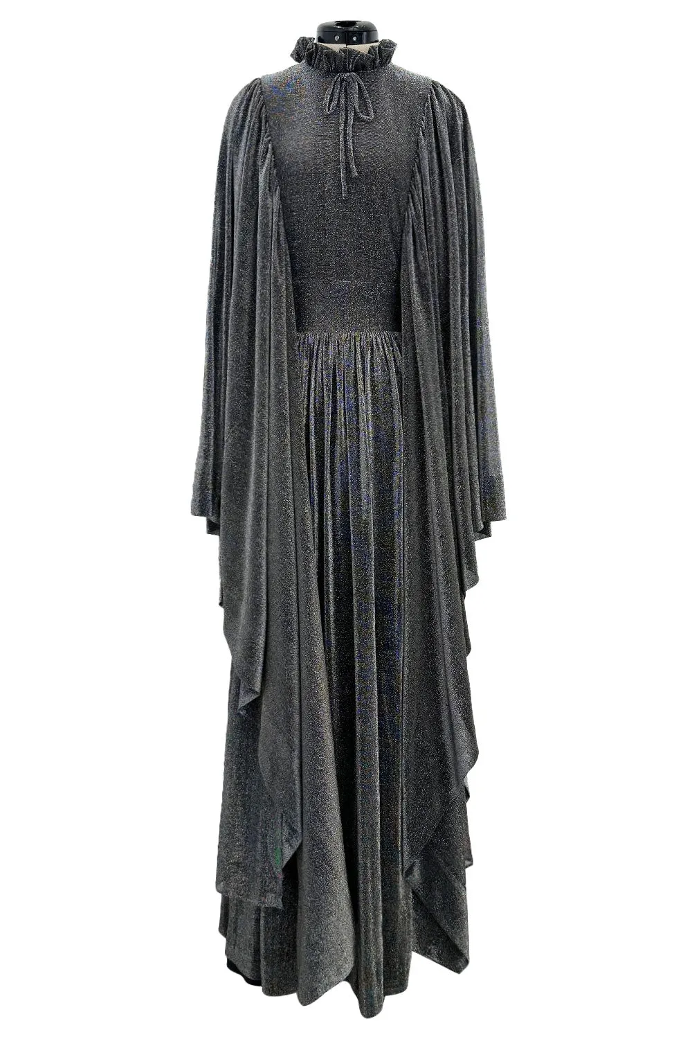 Spectacular 1970s Gina Fratini Metallic Deep Silver Lame Dress w Ruffle Collar &  Angel Sleeves