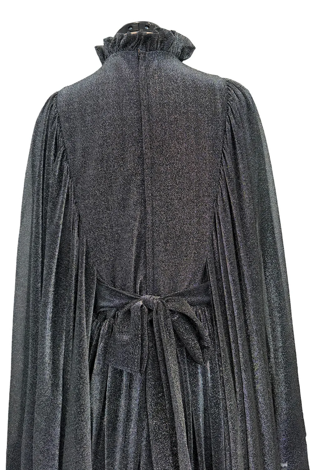 Spectacular 1970s Gina Fratini Metallic Deep Silver Lame Dress w Ruffle Collar &  Angel Sleeves