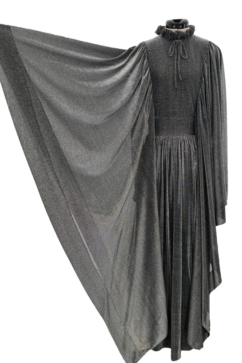 Spectacular 1970s Gina Fratini Metallic Deep Silver Lame Dress w Ruffle Collar &  Angel Sleeves