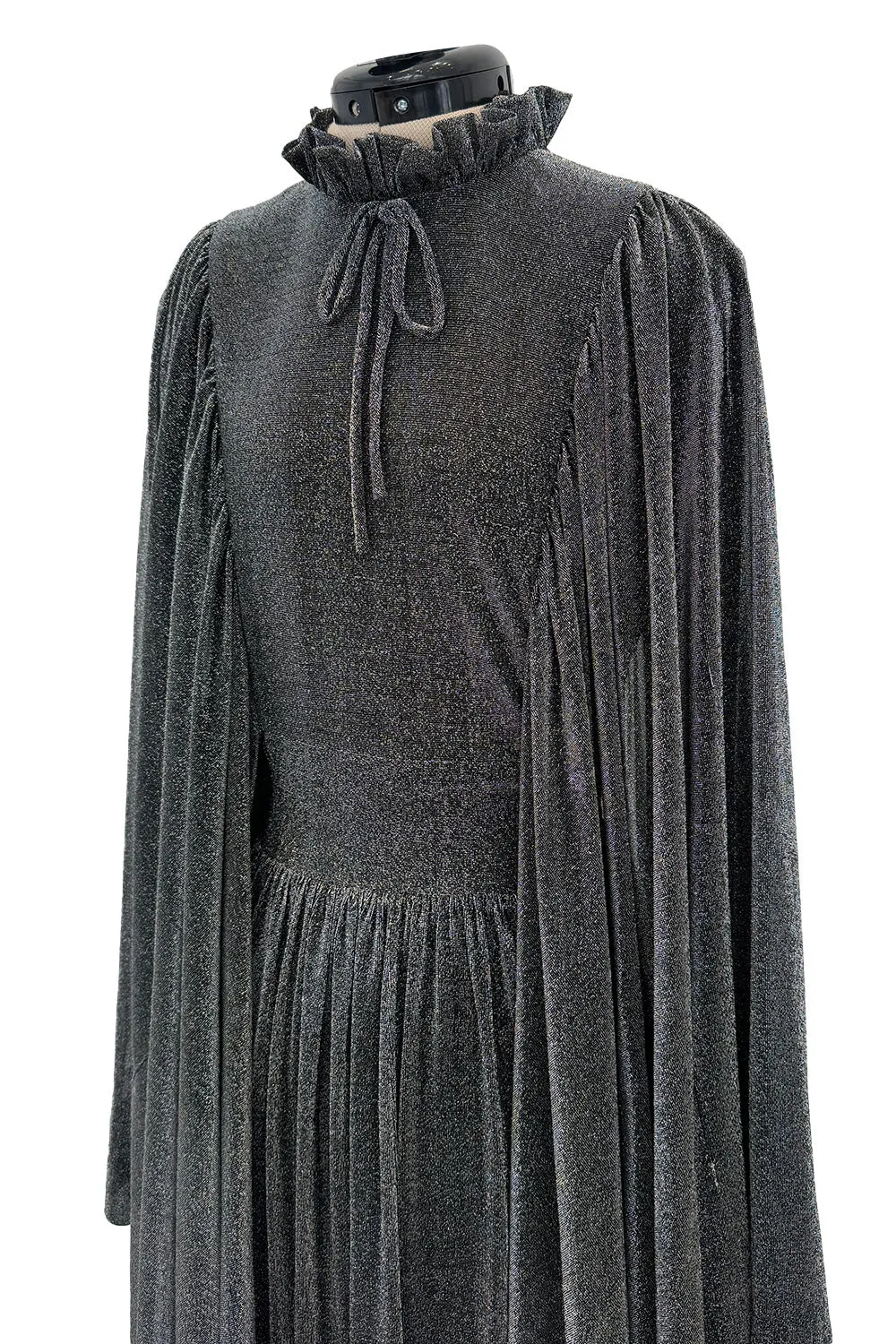 Spectacular 1970s Gina Fratini Metallic Deep Silver Lame Dress w Ruffle Collar &  Angel Sleeves