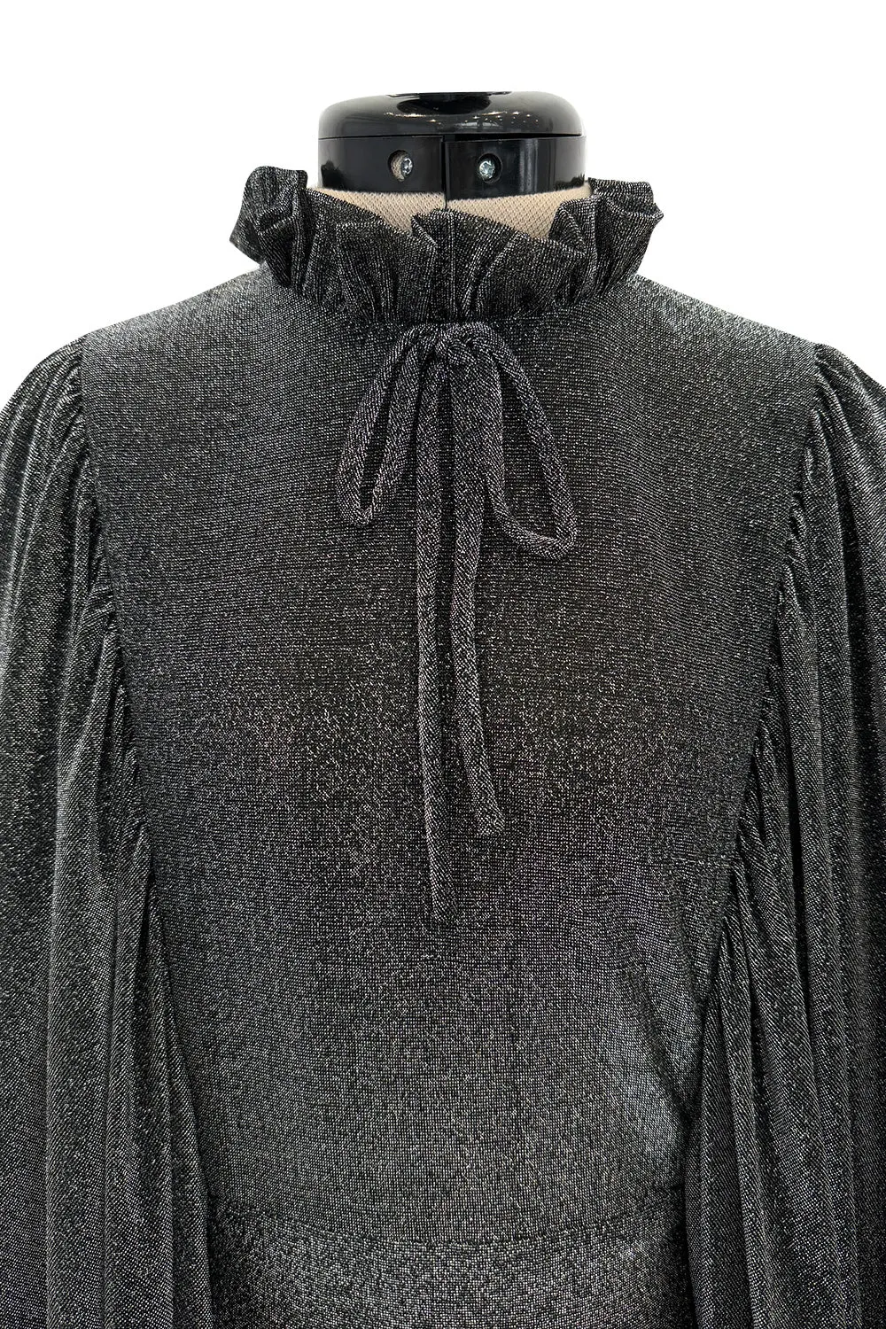 Spectacular 1970s Gina Fratini Metallic Deep Silver Lame Dress w Ruffle Collar &  Angel Sleeves