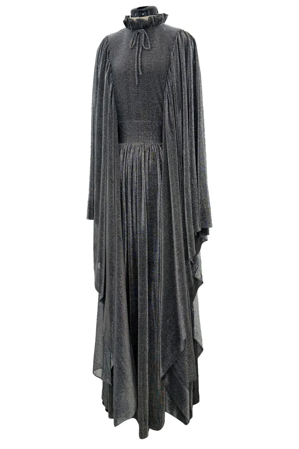 Spectacular 1970s Gina Fratini Metallic Deep Silver Lame Dress w Ruffle Collar &  Angel Sleeves