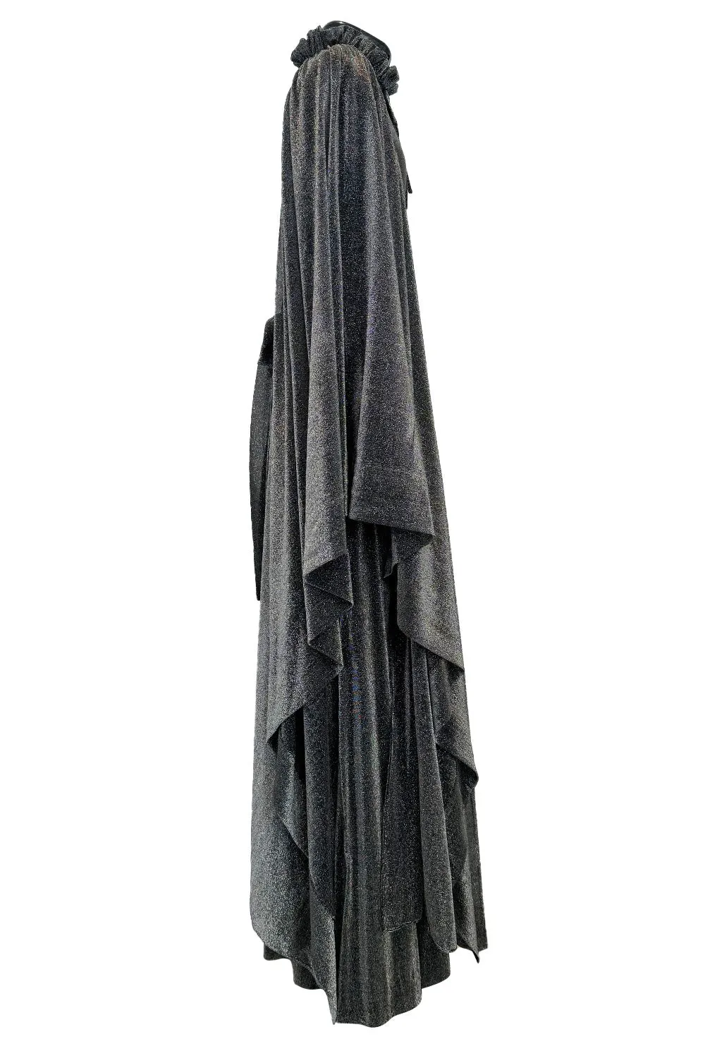 Spectacular 1970s Gina Fratini Metallic Deep Silver Lame Dress w Ruffle Collar &  Angel Sleeves