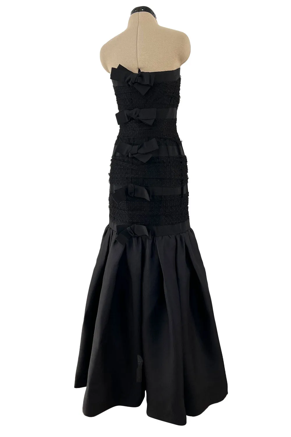 Spring 1987 Yves Saint Laurent Grosgrain, Dotted Net & Silk Strapless Dress w Bows