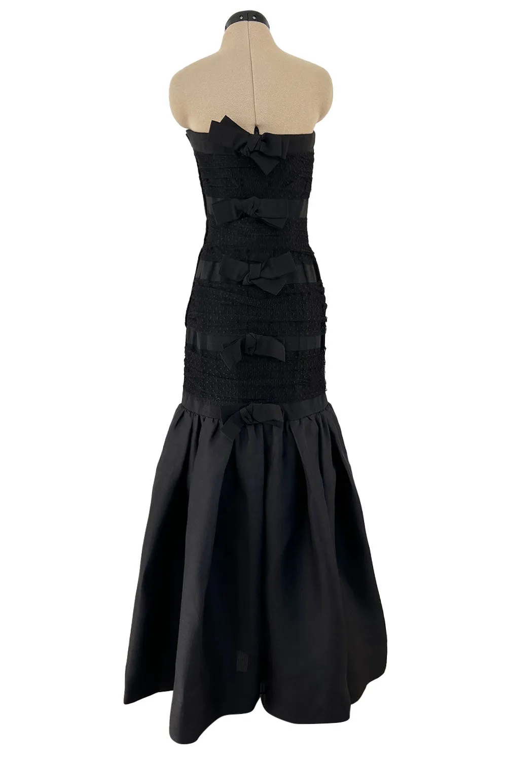 Spring 1987 Yves Saint Laurent Grosgrain, Dotted Net & Silk Strapless Dress w Bows
