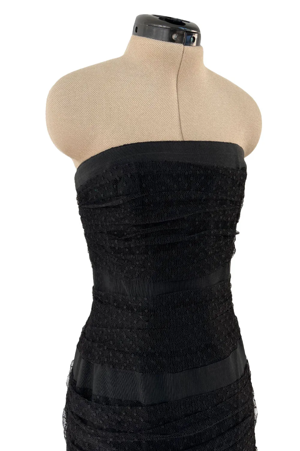 Spring 1987 Yves Saint Laurent Grosgrain, Dotted Net & Silk Strapless Dress w Bows