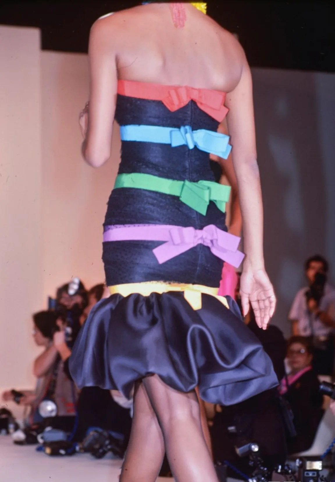 Spring 1987 Yves Saint Laurent Grosgrain, Dotted Net & Silk Strapless Dress w Bows